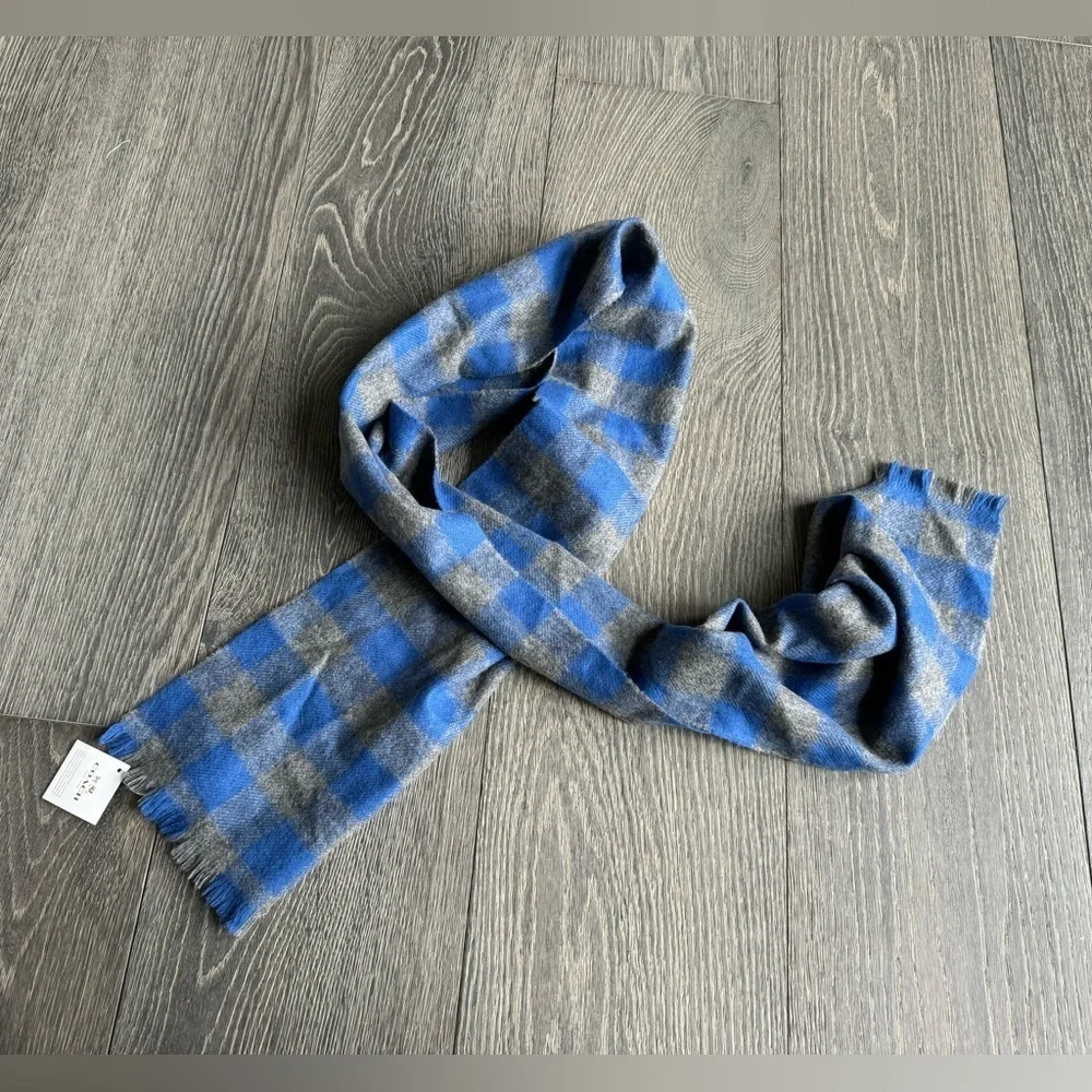 Coach Buffalo Check Woven Wool/Cashmere Blend Scarf in Cobalt/Grey